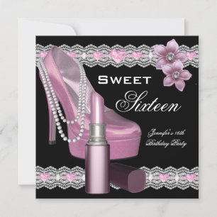 Convite Batom de Sapato Rosa Preto Sweet Sixteen 16 Festa