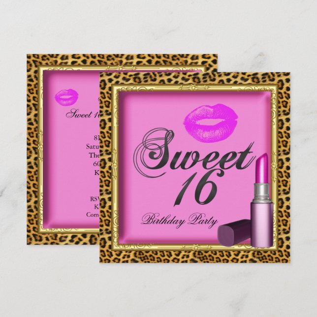 Convite Batom Sweet 16 Pink Lips Leopardo Dourado (Frente/Verso)