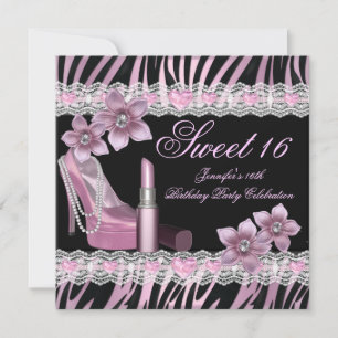 Convite Batom Zebra Rosa Preto Sweet Sixteen 16 Festa
