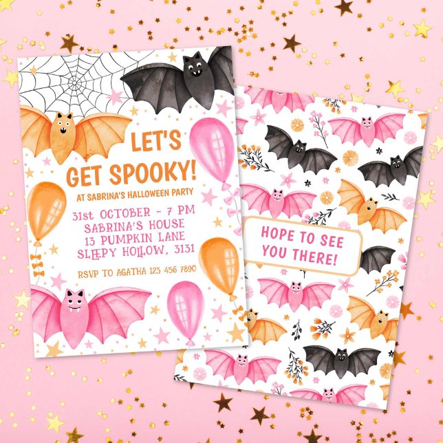 Convite Bats e Balões Cachorros Pastel Halloween (Cute Bats and Balloons Pastel Halloween Invitation)