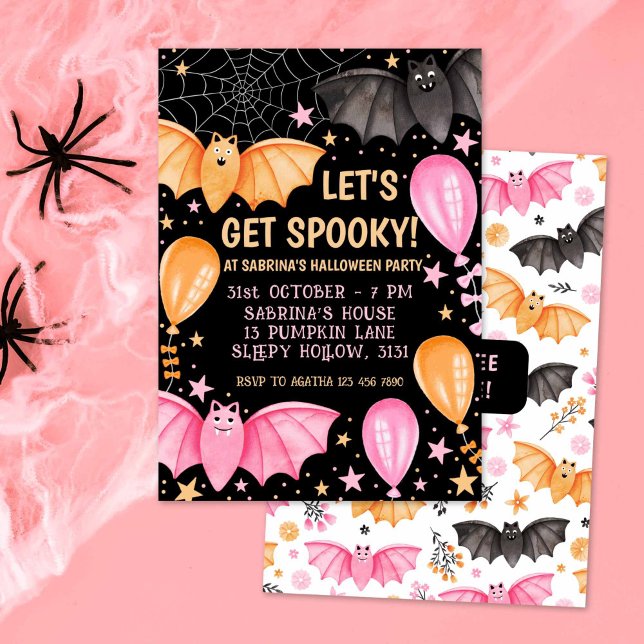 Convite Bats e Balões Cachorros Pastel Halloween (Cute Bats and Balloons Pastel Halloween Invitation)