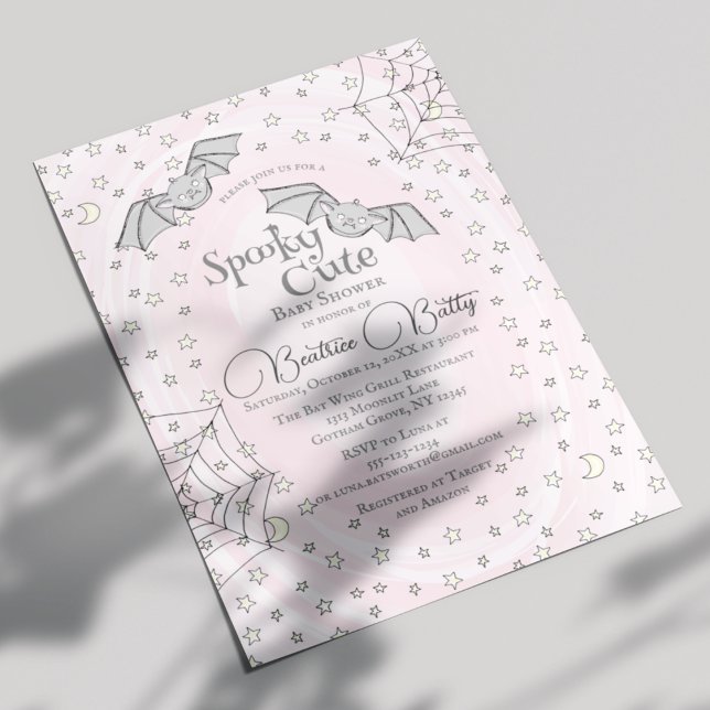 Convite Bats Rosa, Chá de fraldas Bonitinho (Cute Spooky Cute Baby Bats Pink Baby Shower Invitation for Baby Girl. Pink Swirls, Bats, Webs, Stars)