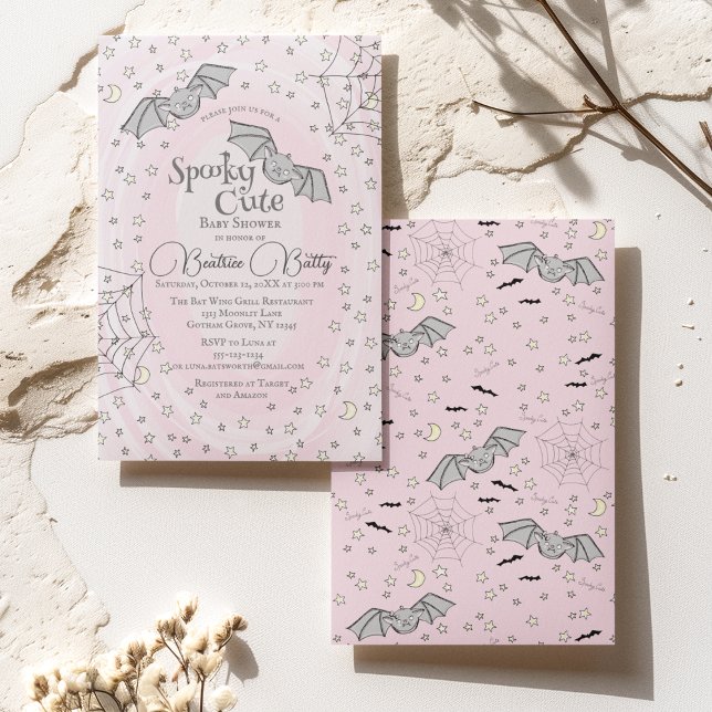 Convite Bats Rosa, Chá de fraldas Bonitinho (Baby bats flying among stars, moons and webs against a pink watercolor background. Back: Baby Bats)