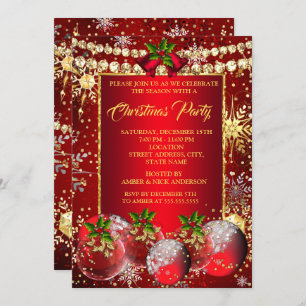 Convite Baubles Holly, Festa Dourada de Natal Vermelha