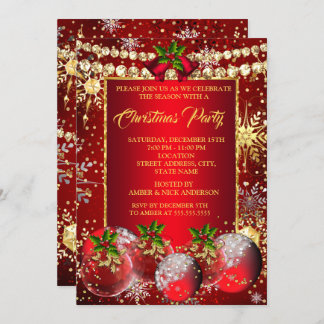 Convite Baubles Holly, Festa Dourada de Natal Vermelha
