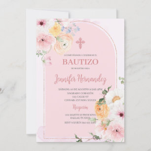 Convite Bautismo cor rosa con flores