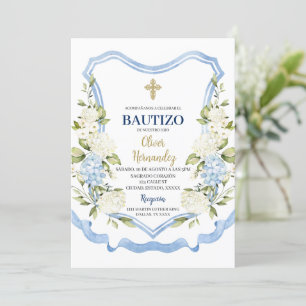 Convite Bautização de flor branca e azul Espanhol