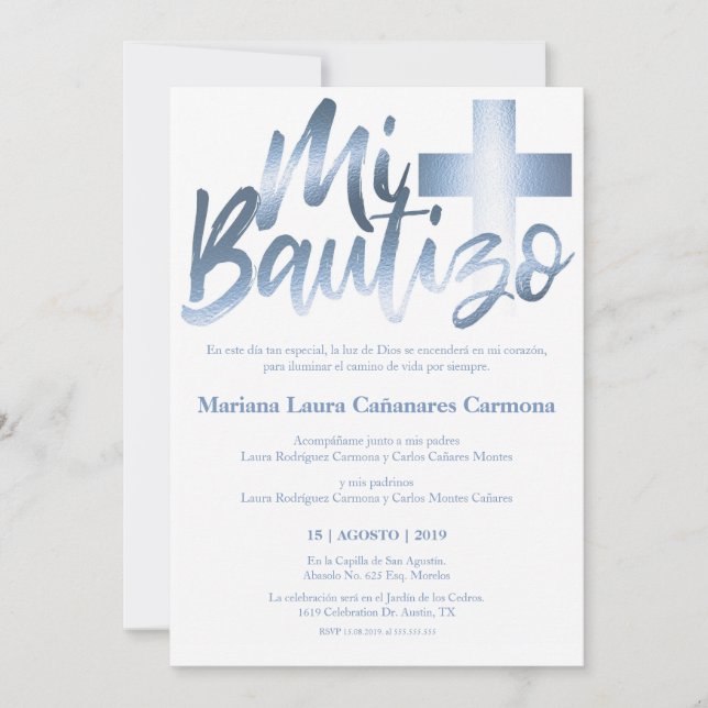 Convite Bautizo Baptism Língua Espanhola Faux DOURADO (Frente)