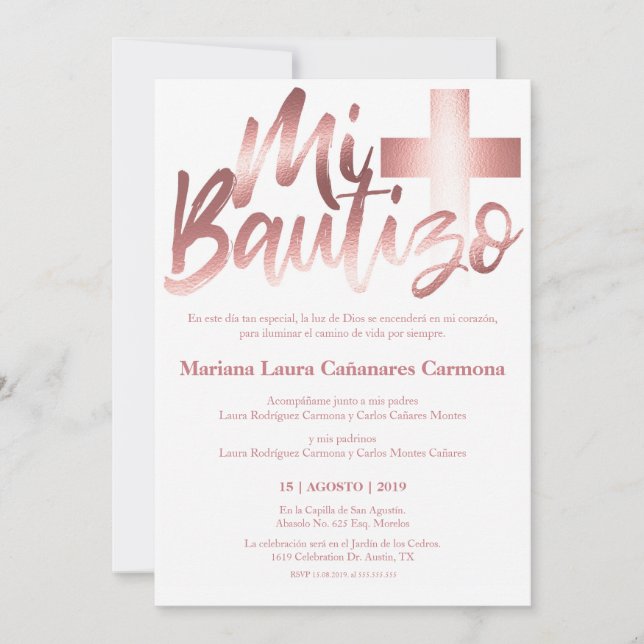 Convite Bautizo Baptism Língua Espanhola Faux ROSA DOURADA (Frente)