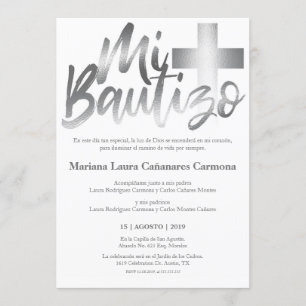 Convite Bautizo Baptism - Língua espanhola Faux SILVER
