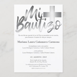 Convite Bautizo Baptism - Língua espanhola Faux SILVER