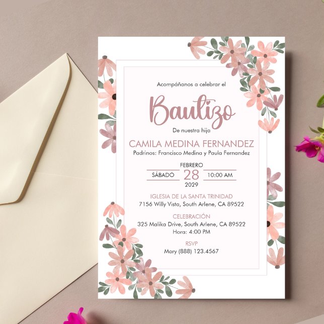 Convite Bautizo Boho Flor Baptism, Injeção Espanhola (Criador carregado)