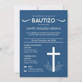 Convite Bautizo Cute Baby Baptism Espanhol Cruz e Folhas
