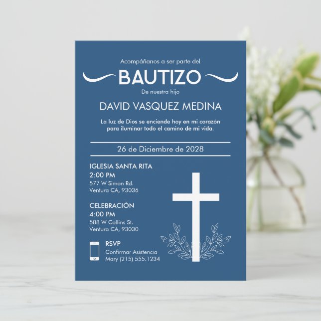 Convite Bautizo Cute Baby Baptism Espanhol Cruz e Folhas (Em pé/Frente)