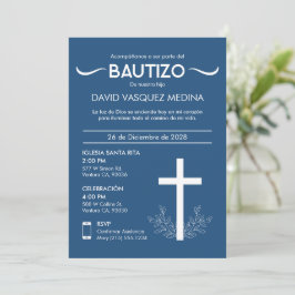 Convite Bautizo Cute Baby Baptism Espanhol Cruz e Folhas