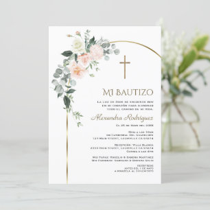 Convite Bautizo Espanhol Floral Arch Dourado Elegante