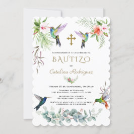 Convite Bautizo Espanhol Flores Rosa Hummingbird Girl