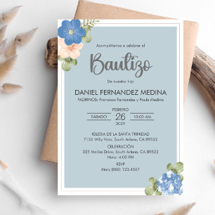 Convite Bautizo Espanhol Invitación Blue Flores Baptism