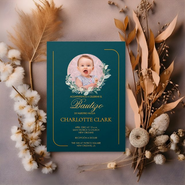Convite Bautizo Foto Greenery Elegante Dourado (Spanish Bautizo Photo Greenery Elegant Gold Invitation)