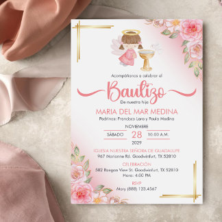 Convite Bautizo Invitácio Flores Bonitas Rapariga Angel Ba