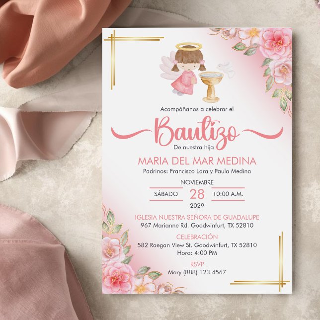 Convite Bautizo Invitácio Flores Bonitas Rapariga Angel Ba (Criador carregado)