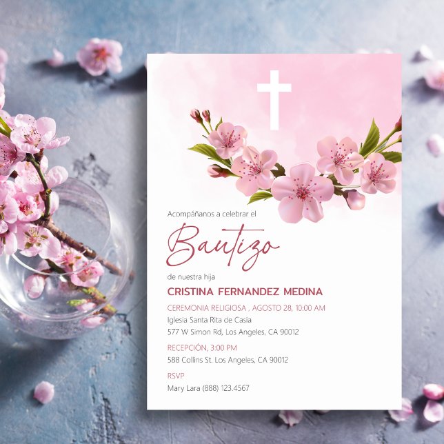Convite Bautizo Invitación Baptism Flores Rosa Japonesas (Criador carregado)