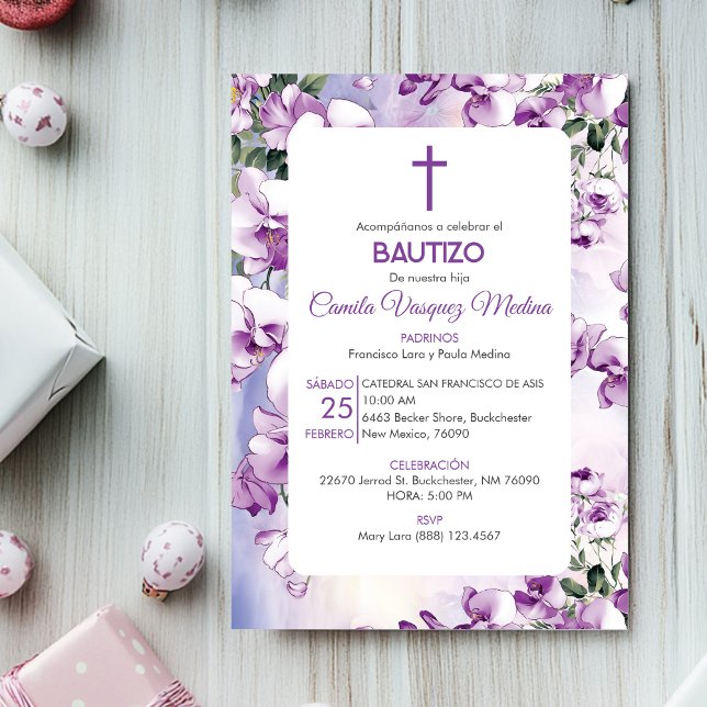 Convite Bautizo Invitación Baptism Flores Roxas Cutis (Criador carregado)