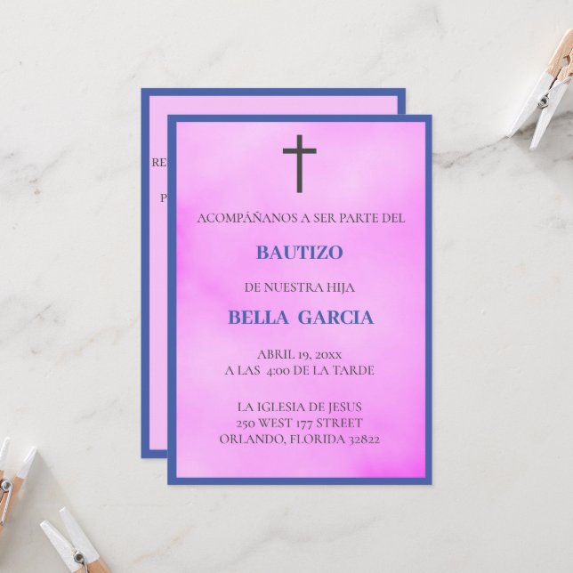 Convite Bautizo Invitación/Baptism, Rosa Meninas (Frente/Verso In Situ)