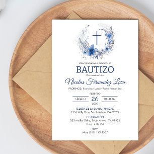 Convite Bautizo Invitación Cute Cross Blue Flores Baptism