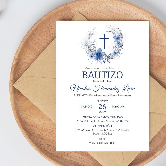 Convite Bautizo Invitación Cute Cross Blue Flores Baptism (Criador carregado)