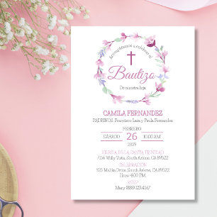 Convite Bautizo Invitación Cute Cross Pink Flowes Baptism