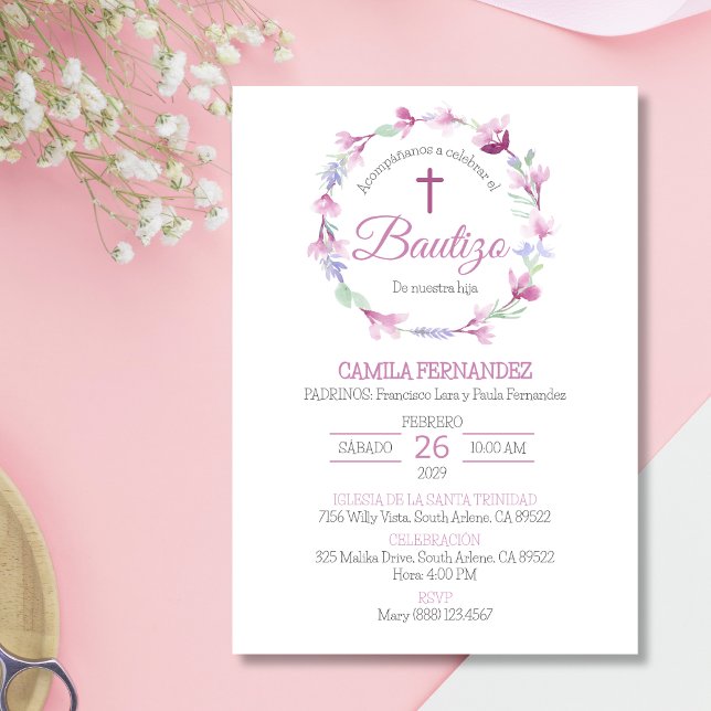 Convite Bautizo Invitación Cute Cross Pink Flowes Baptism (Criador carregado)