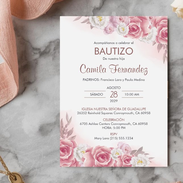 Convite Bautizo Invitación em Flores Rosa Batismo Espanhol (Criador carregado)