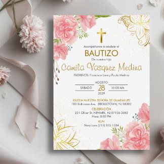 Convite Bautizo Invitación em Flores Rosa Batismo Espanhol