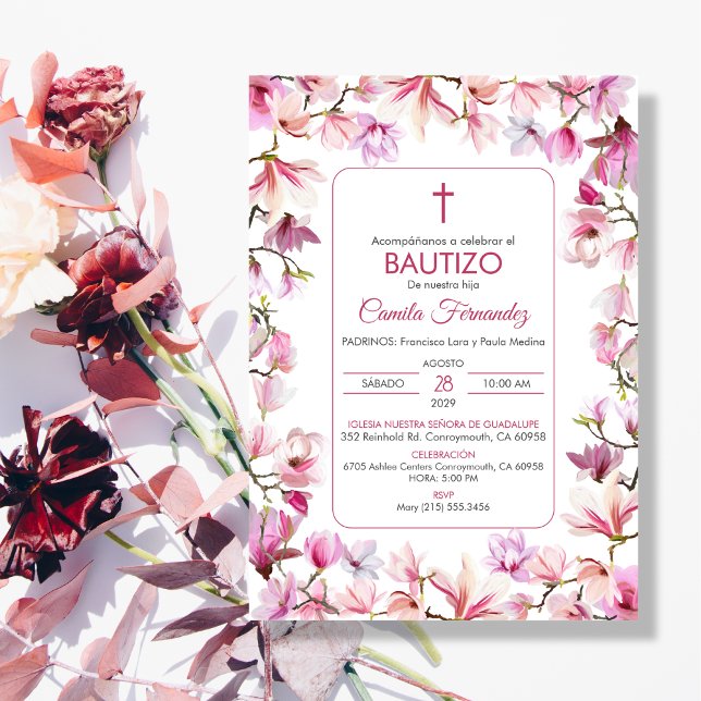 Convite Bautizo Invitación em Flores Rosa Batismo Espanhol (Criador carregado)