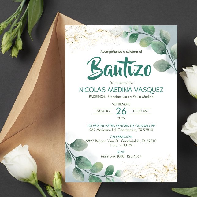 Convite Bautizo Invitación Green deixa batismo religioso (Criador carregado)