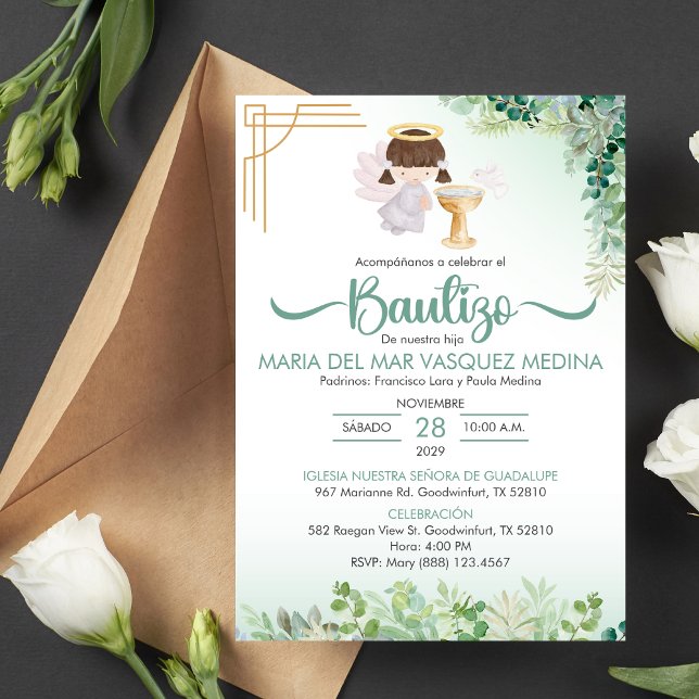 Convite Bautizo Invitación Verde Flor Batismo Católico (Criador carregado)