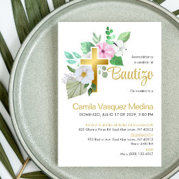 Convite Bautizo Invitación White Flores Elegantes Baptism