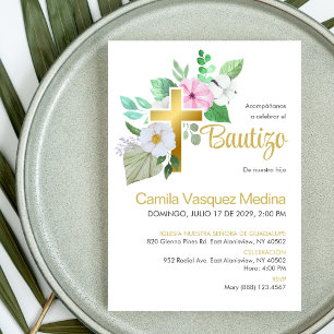Convite Bautizo Invitación White Flores Elegantes Baptism