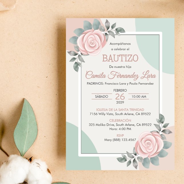 Convite Bautizo Invitation Cute Pink Roses Flor Baptism (Criador carregado)