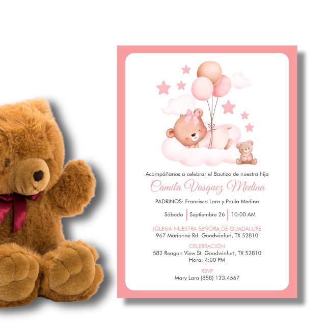 Convite Bautizo Invitation Cute Teddy Bear Girls Baptism (Criador carregado)