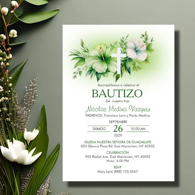 Convite Bautizo Invitation Elegant White Flowers Baptism (Criador carregado)