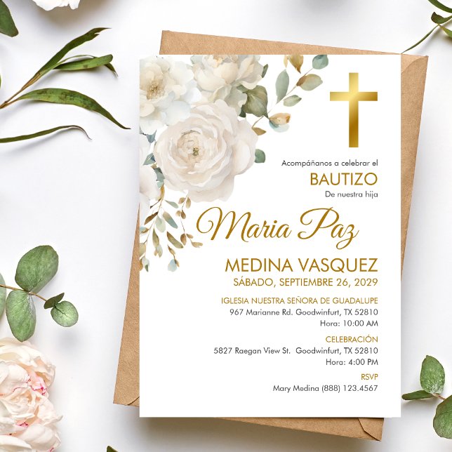 Convite Bautizo Invitation Elegant White Flowers Baptism (Criador carregado)