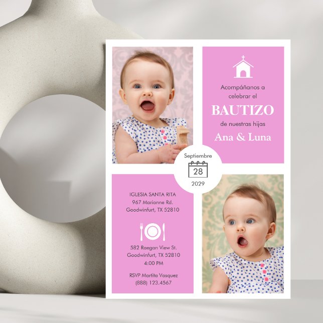 Convite Bautizo Invitório Personalizado Twin Girls Bonito  (Criador carregado)