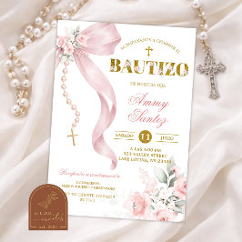 Convite Bautizo Rosário Coquette Laço Rosa Bege El