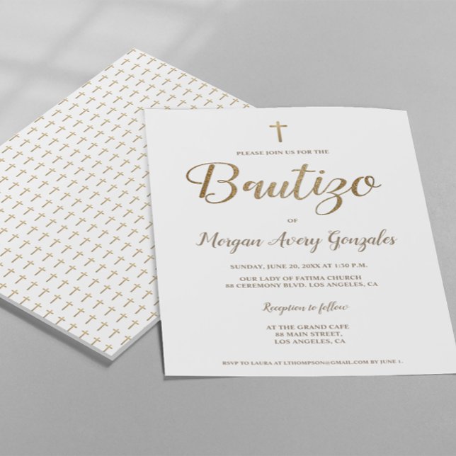 Convite Bautizo Simples Cruz Branca Dourada do Batismo Esp (Elegant, Simple Bautizo Spanish Baptism customizable invitation template Gold cross and white design)