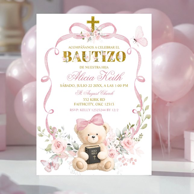 Convite Bautizo Urso Coquette com Laço Floral Rosa (Criador carregado)