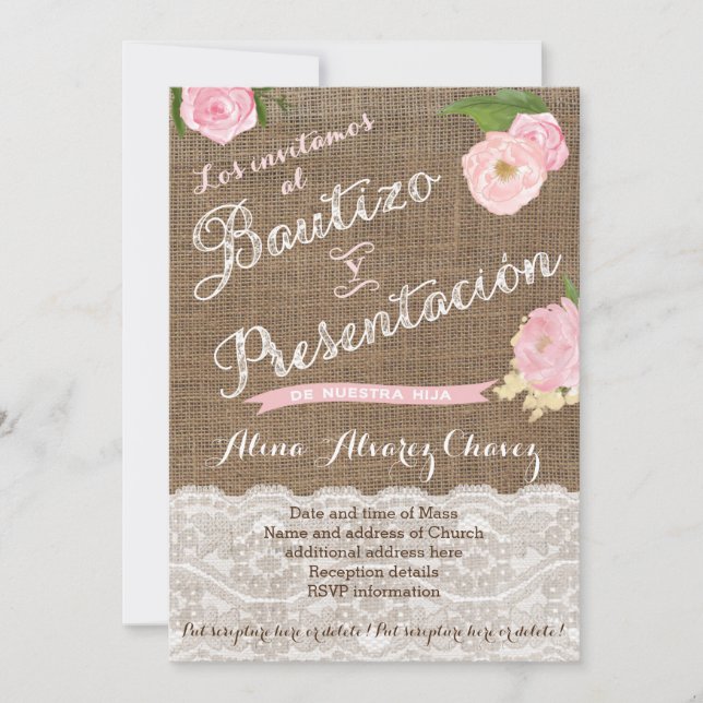 Convite Bautizo y presentación, niña, arpillera, encaje (Frente)