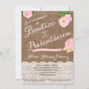 Convite Bautizo y presentación, niña, arpillera, encaje