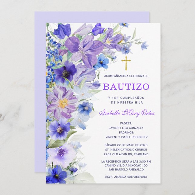 Convite Bautizo Y Primer Añito de nuestro hija (Frente/Verso)